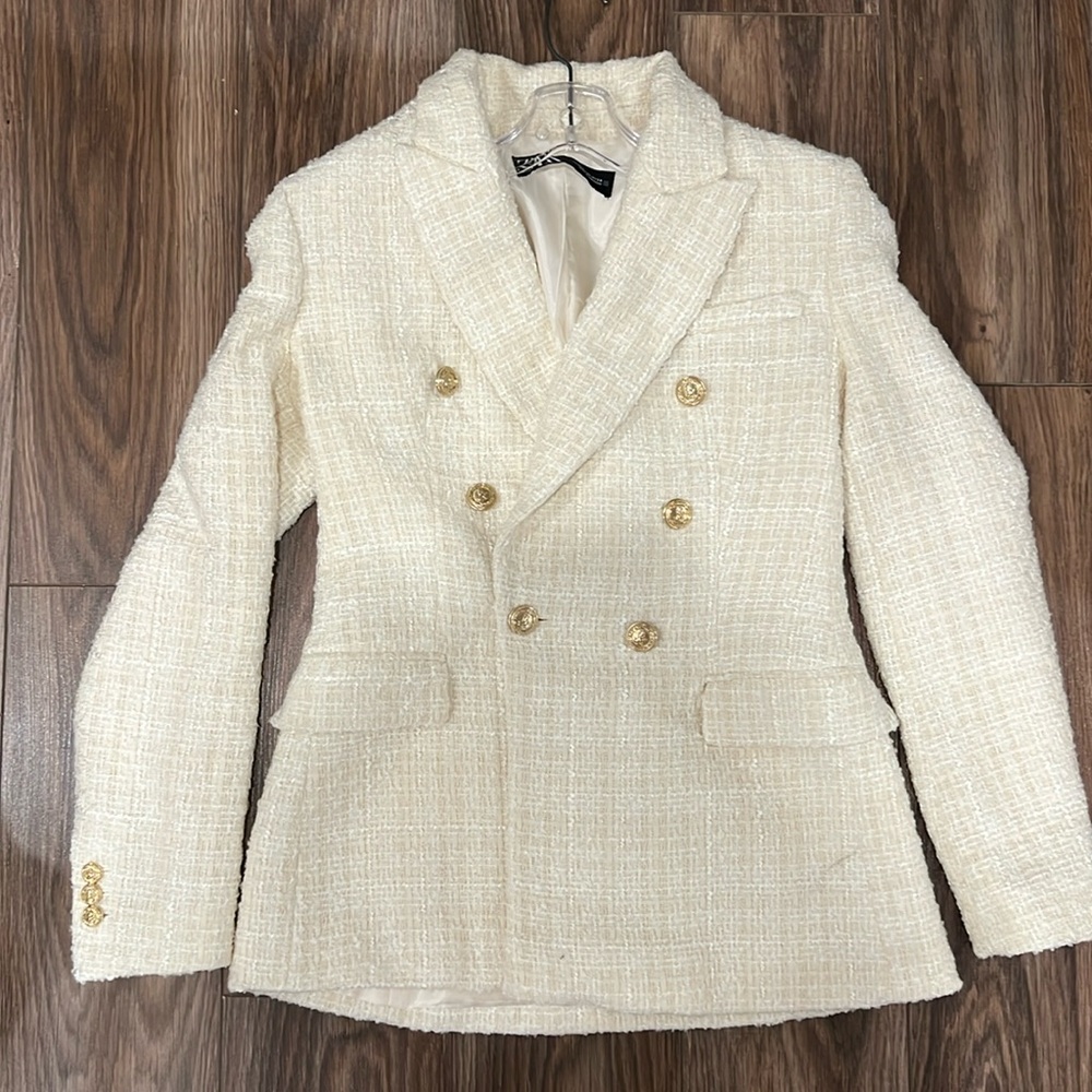 Double-Breasted Cream Tweed Women's Blazer Jacket